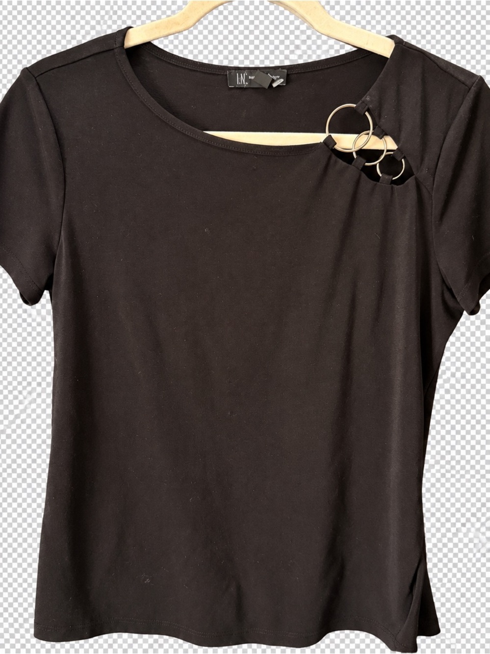INC International Concepts Black Short-Sleeve Top with Ring Cutout Y2K